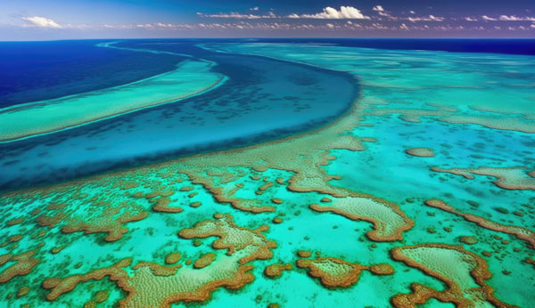 Marea Barieră de Corali văzută de sus, mare turcoaz cu recife de corali, Australia