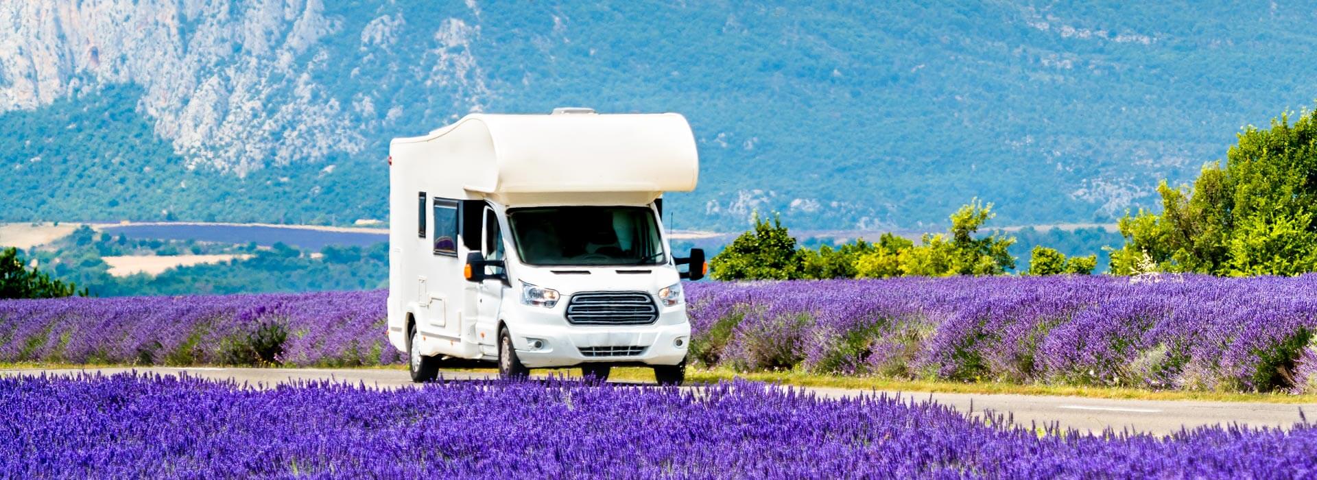 turisti in vacanta primavara cu rulota intr un lan de lavanda